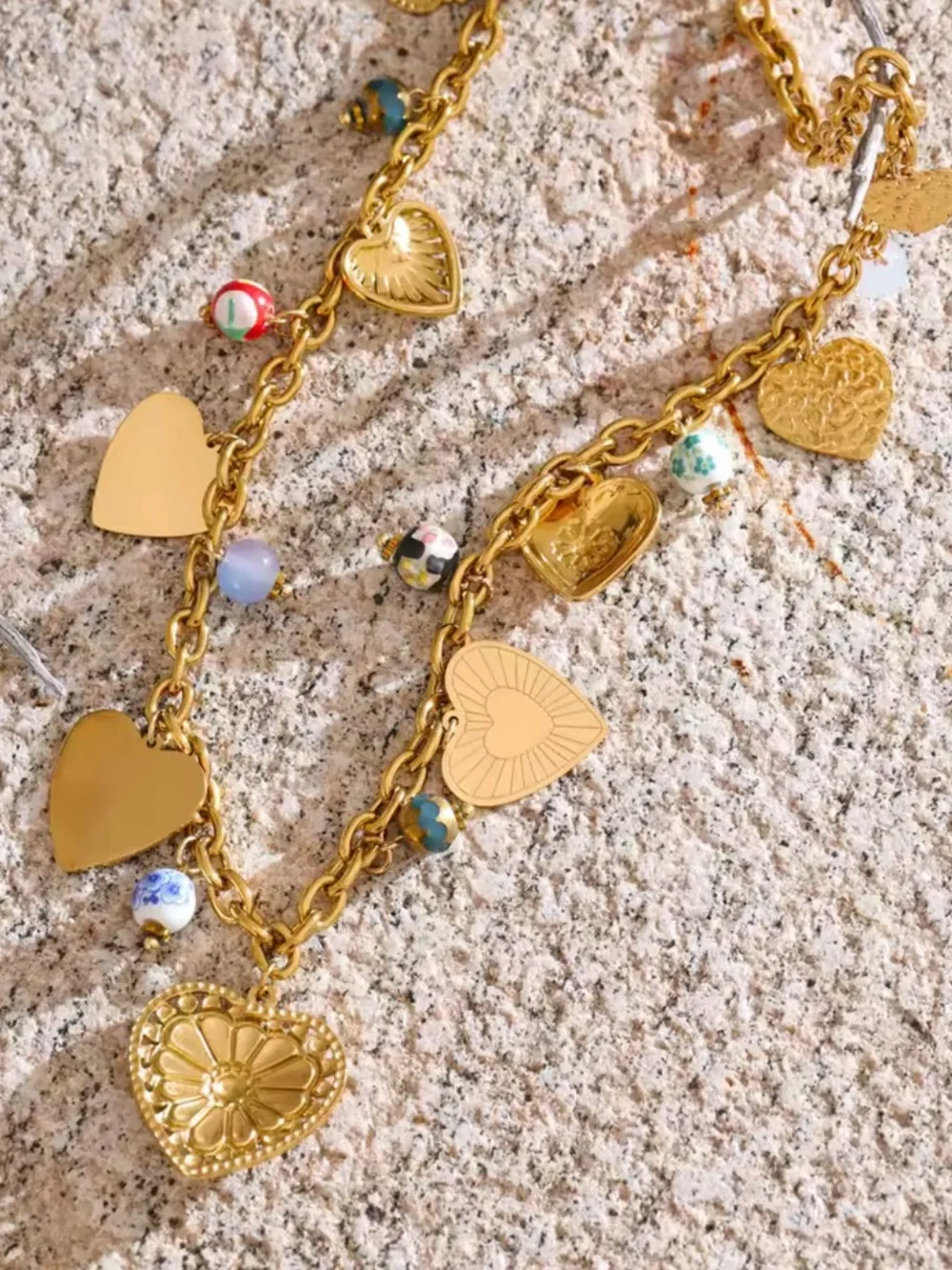Mosaic Gold Heart Charm Necklace with Turquoise and Multicolor Beads - Picture 5 of 10